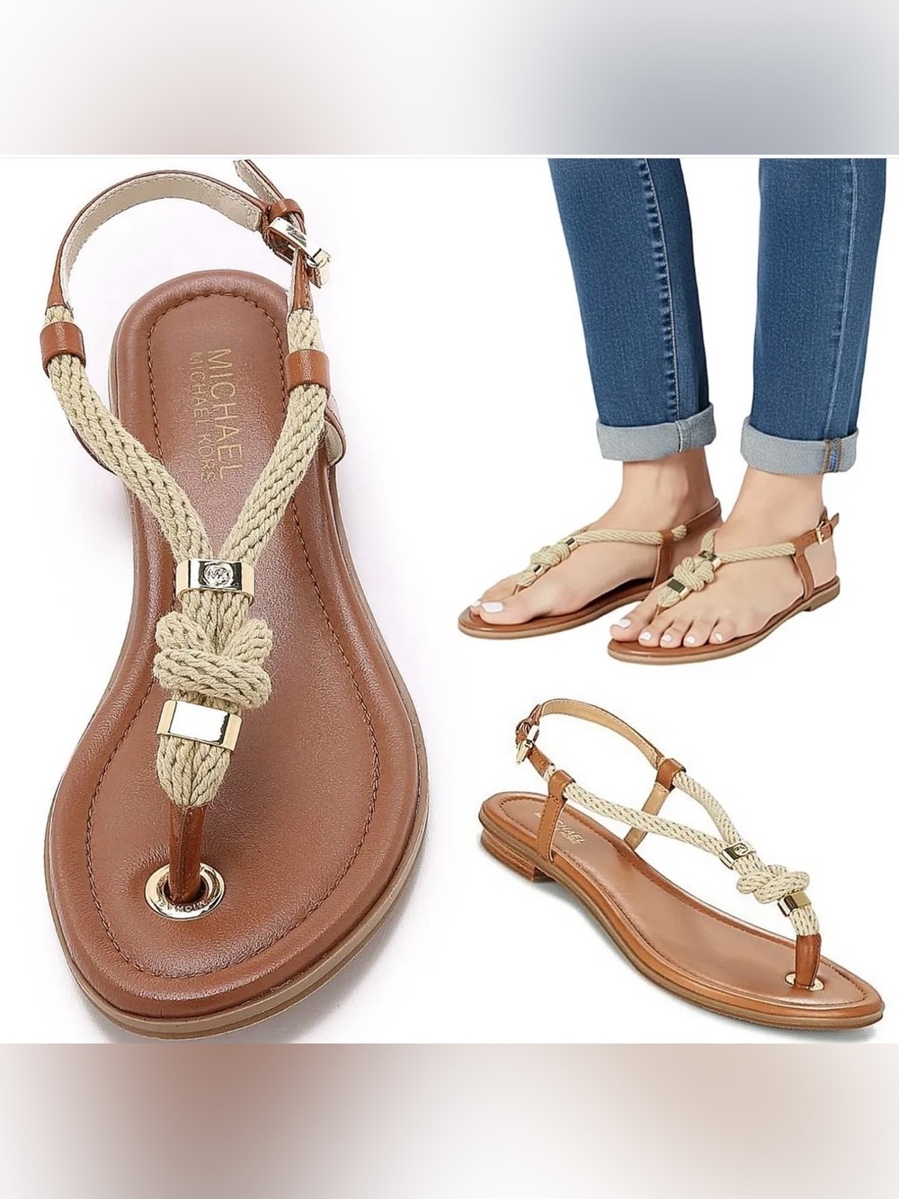 Michael Kors Tan and Beige Rope T-Strap Sandals size 6.5. Like new condition.